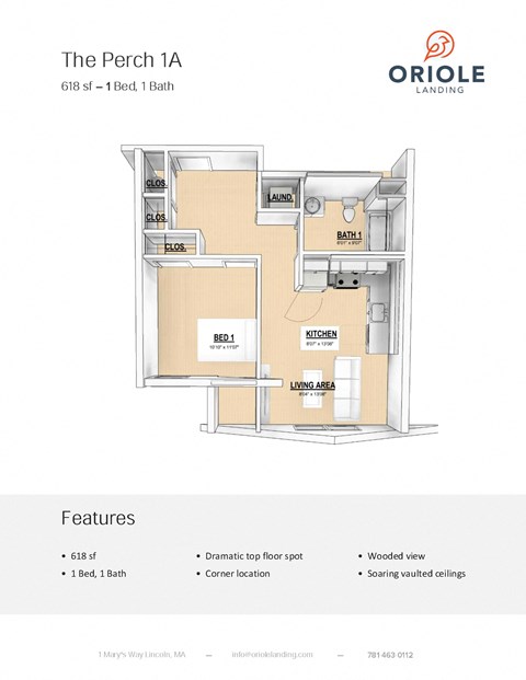 1 bedroom 1 bathroom floor plan H at Oriole Landing, Massachusetts, 01773